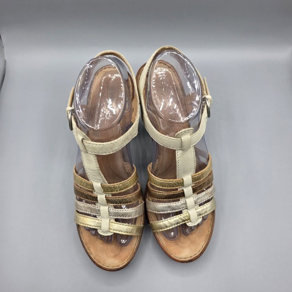 BORN Sandals Womens 9 Beige Mixed Metal Tones Leather Strappy Platform Heels - Picture 4 of 13